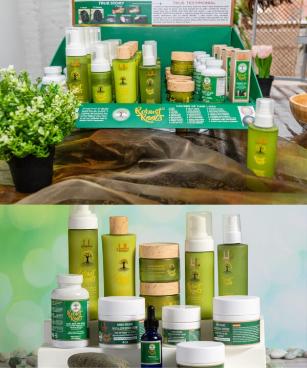 Robust Roots hair care products.